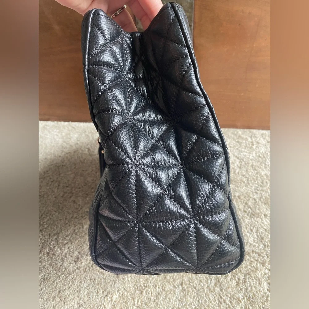 Kate Spade New York Natalia Tote Leather Handbag Black Quilted Silver Chain